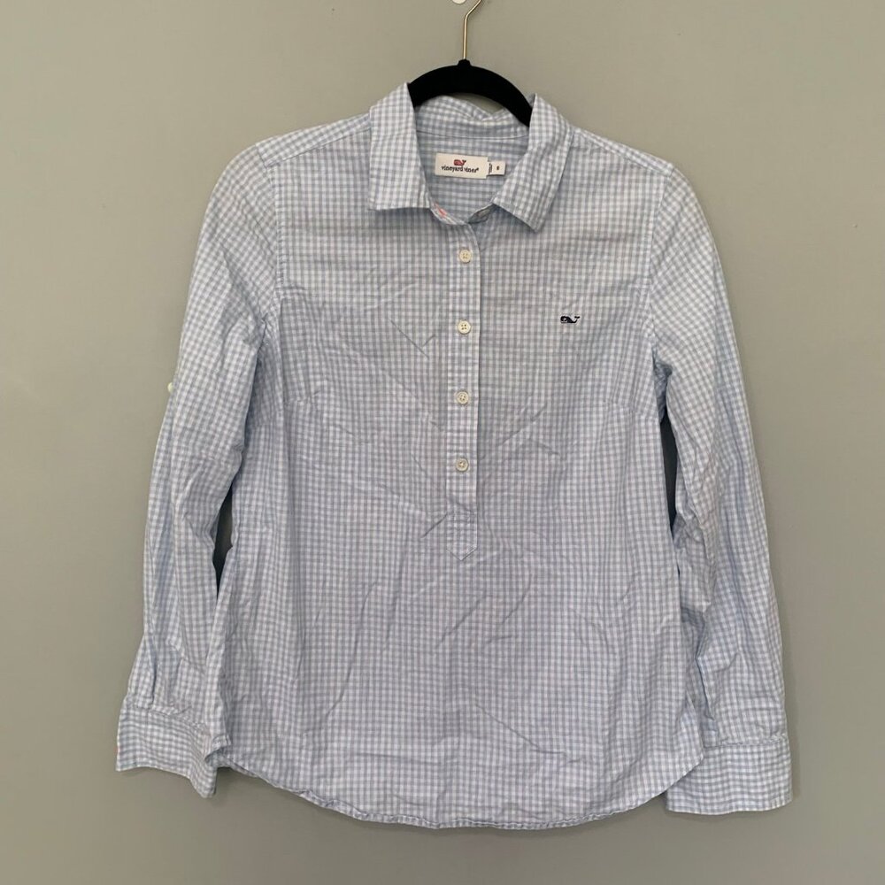 Vineyard Vines Popover‎ Shirt Womens 6 Blue Gingham Check Roll Tab Sleeve Cotton